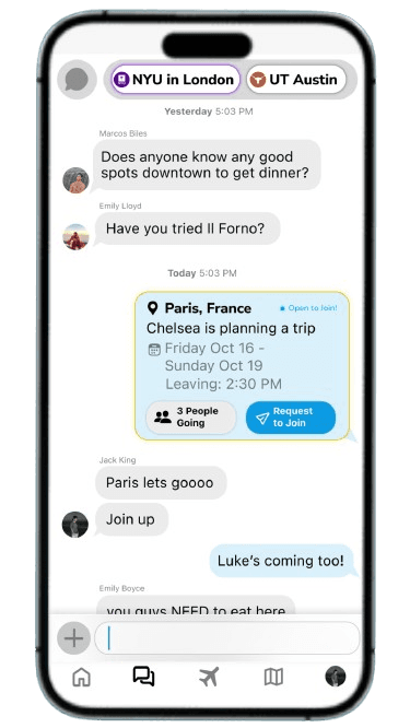 Abroadster community chat with a Paris trip invite card