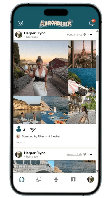 Abroadster home feed with stamped travel collage from Paris