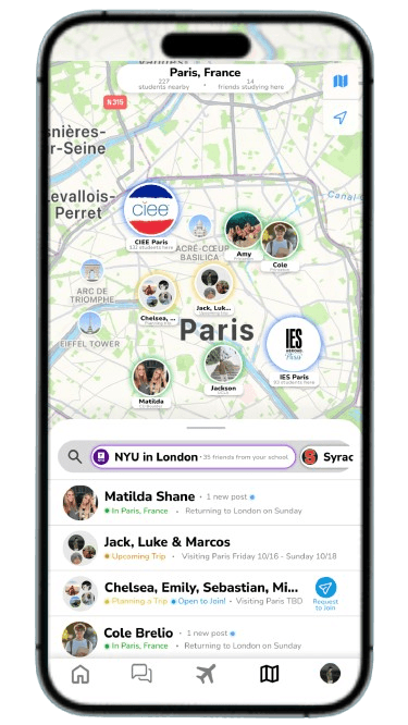 Abroadster map of Paris with friend pins and study programs