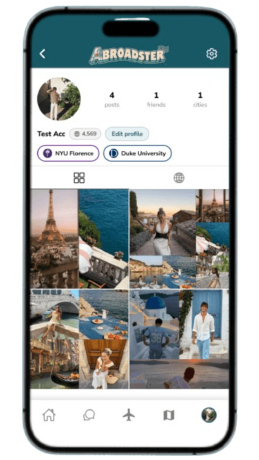 Abroadster profile scrapbook with university tags and photo grid