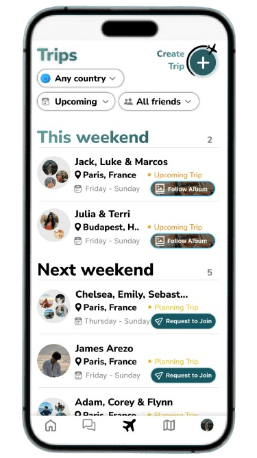 Abroadster Trips tab with Follow Album and Request to Join